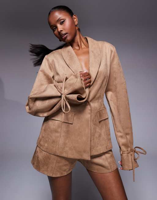 ASOS LUXE co-ord suedette blazer with tie cuff detail in brown