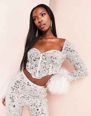 ASOS LUXE co-ord sweetheart neck faux feather trim sleeve sequin crop top in silver