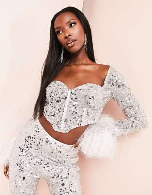 ASOS LUXE sweetheart neck faux feather trim sleeve sequin crop top in silver (part of a set) - ASOS Price Checker