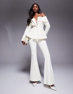 ASOS LUXE ASOS LUXE co-ord tailored trouser with pearl embellishment in cream-White