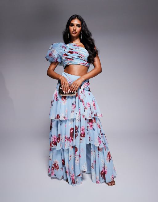 ASOS LUXE co ord tiered ruffle organza maxi skirt in blue floral print