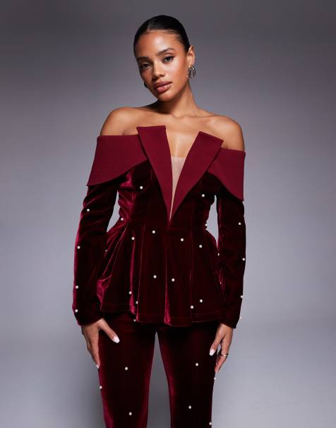 ASOS LUXE co-ord velvet off the shoulder structured blazer top with pearl detail in berry - view 1