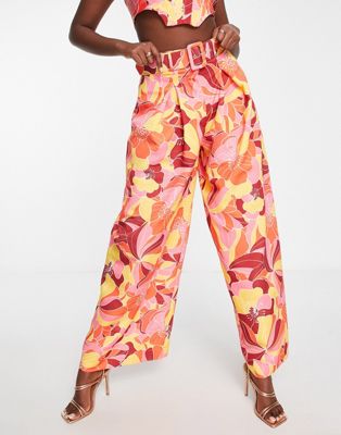 ASOS LUXE co-ord wide leg belted pleated trouser in bright floral print
