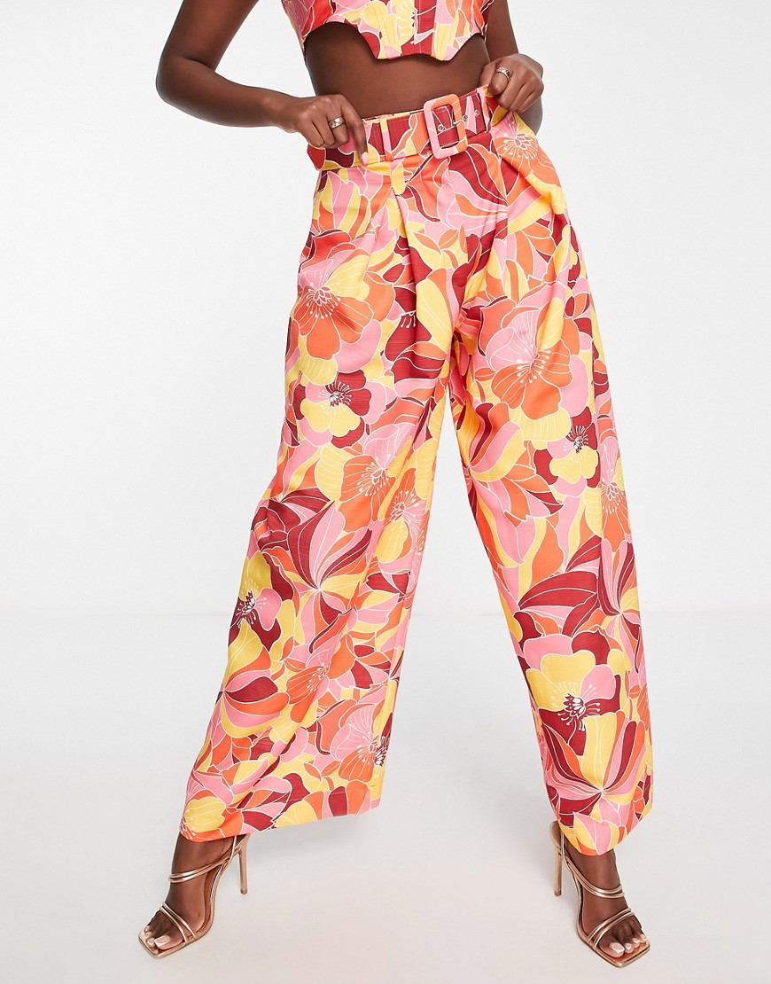 ASOS LUXE co-ord wide leg belted pleated trouser in bright floral print-Multi