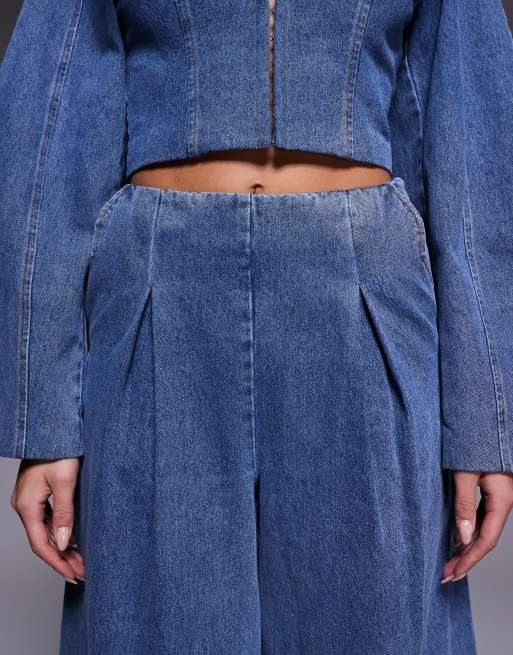 ASOS LUXE co-ord wide leg denim jeans with corset detail in mid blue, 4 of 5