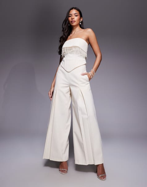ASOS LUXE co-ord wide leg pleated linen trousers in cream - view 1