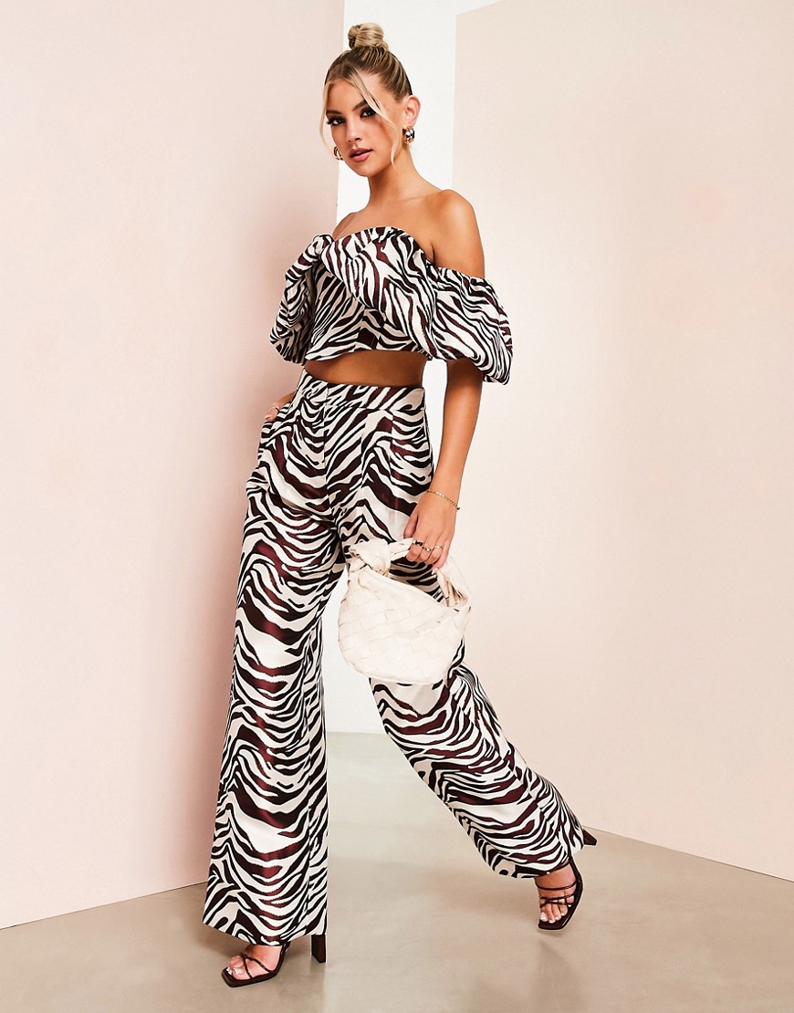 ASOS LUXE co-ord wide leg satin trouser in zebra print-Multi