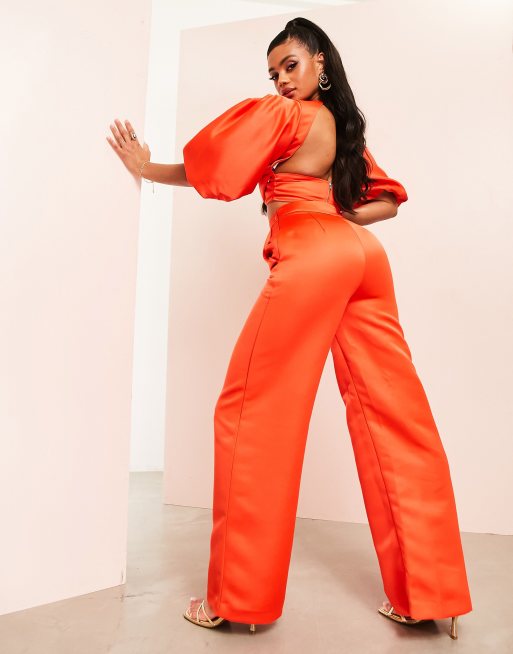 Womens red store satin pants suit