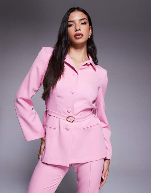 ASOS LUXE collared button down blazer with belt in pink