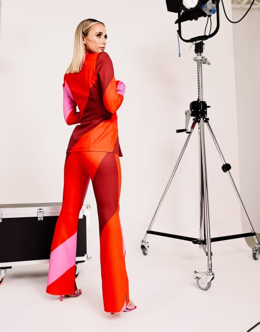 ASOS LUXE colour block suit flare pants in red (part of a set) , 3 of 4