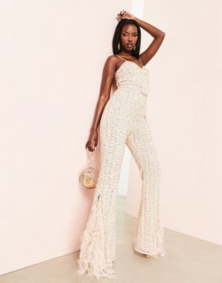 ASOS LUXE embellished belted jumpsuit with faux feather trim in neutral - ASOS Price Checker
