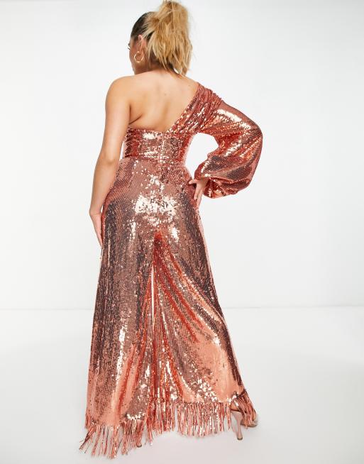 ASOS LUXE - Combinaison ornée de sequins avec manche surdimensionnée et ourlet à franges - Or rose, 2 de 4