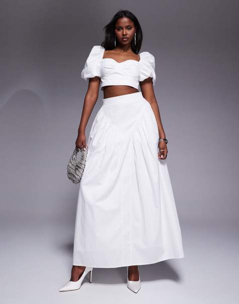 ASOS LUXE - Coordinato in rasatello di cotone bianco composto da top con maniche a sbuffo e gonna lunga oversize con fiocco sul retro - view 1