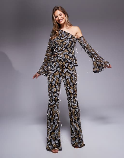 ASOS LUXE - Coordinato nero decorato con perle con top con spalle scoperte e pantaloni