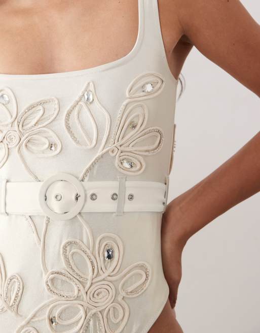 ASOS LUXE cornelli flower detail swimsuit with belt in white, 2 of 4