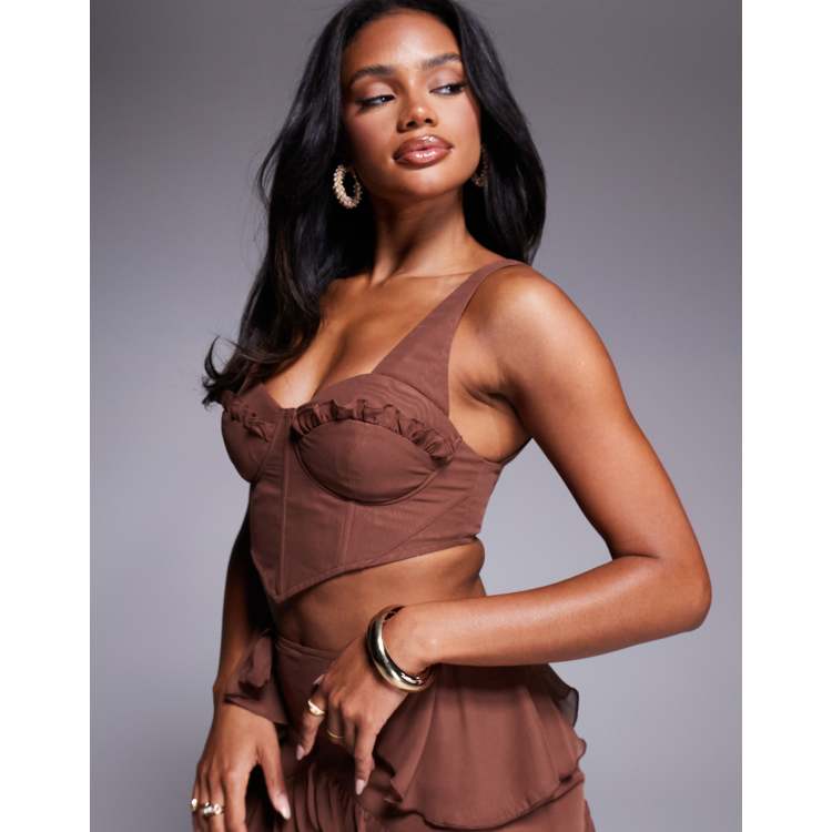 ASOS LUXE corset cropped top with ruffle detail in brown - part of