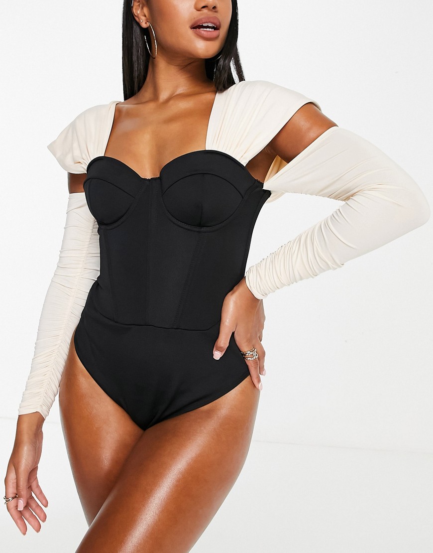 ASOS LUXE corset fitted swimsuit with long sleeve in black and cream-Multi