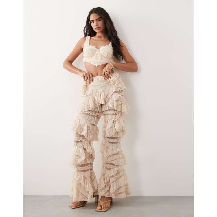 ASOS LUXE corset ruffle crop top and wide leg pants set in cream