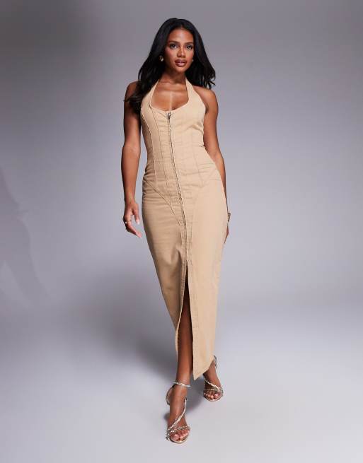 ASOS LUXE corset sculpted halter neck midi dress in tan wash