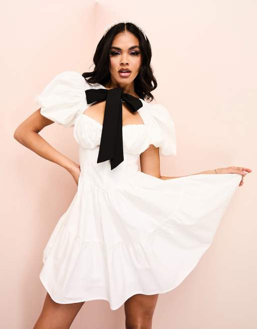 ASOS LUXE corseted cotton poplin mini dress with contrast velvet pussybow  and puff sleeve in white