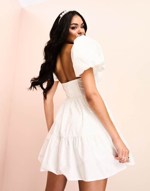 Glamorous off shoulder drop waist corset detail mini dress in white