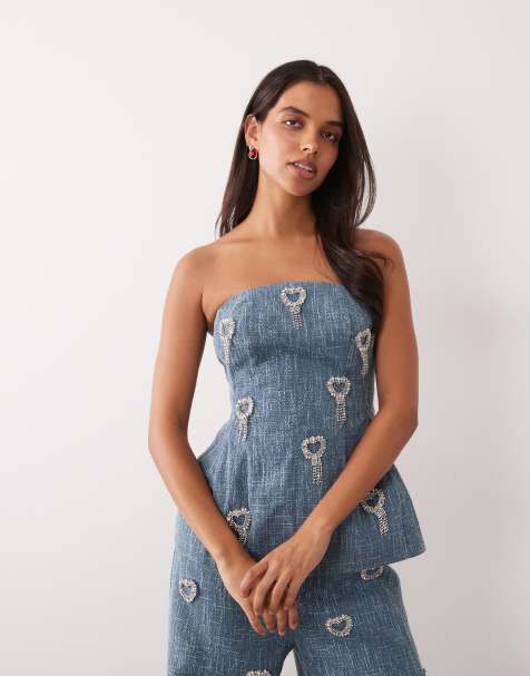 ASOS LUXE corsettop met bandeau van bouclé en hartjesversiering in donkerblauw - view 1