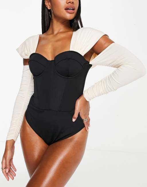 ASOS LUXE - Costume da bagno aderente a maniche lunghe stile corsetto nero e crema 
