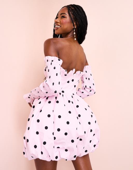 ASOS LUXE cotton poplin bandeau mini dress with puffball skirt and embellished bow in polka dot print ASOS