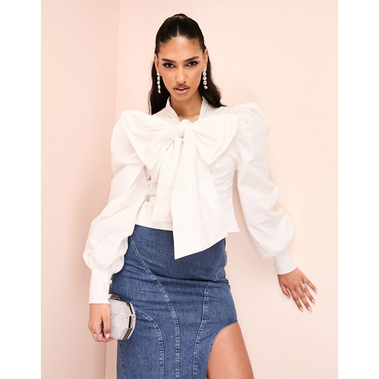 ASOS LUXE cotton poplin blouse with pussybow in white | ASOS