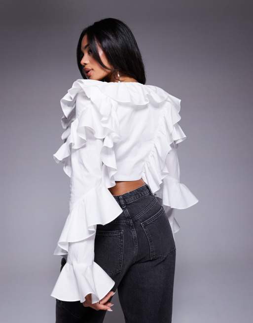ASOS LUXE cotton poplin exaggerated ruffle blouse in white