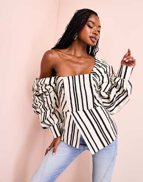 ASOS LUXE cotton poplin exaggerated sleeve top in black and cream stripe - view 1