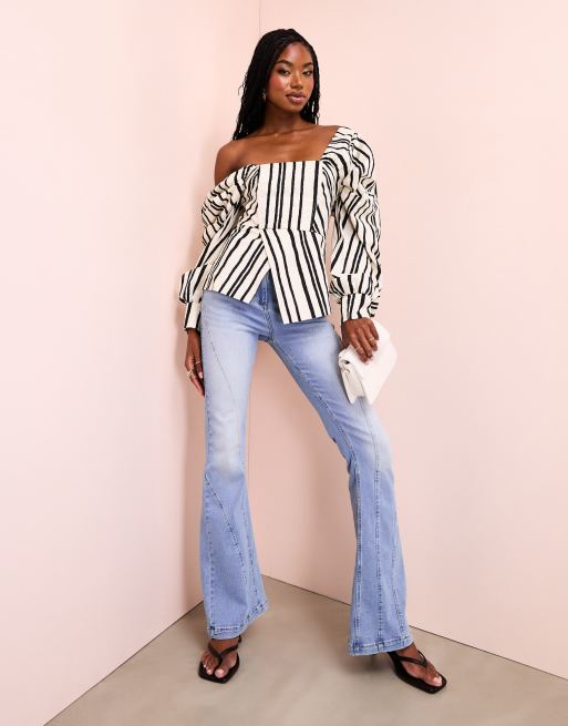 ASOS LUXE cotton poplin exaggerated sleeve top in black and