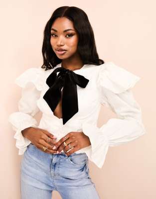 ASOS LUXE ASOS LUXE cotton poplin frilled top with contrast velvet pussybow in white