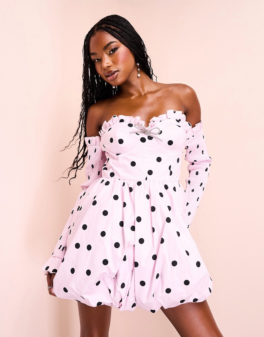 ASOS LUXE cotton poplin off shoulder mini dress with puffball skirt and embellished bow in polka dot print-Multi