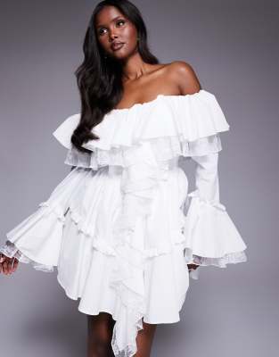 Asos Luxe Cotton Poplin Off-shoulder Ruffle Skater Dress With Lace