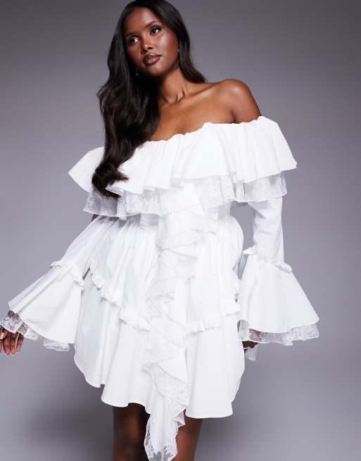 ASOS LUXE cotton poplin off-shoulder ruffle skater dress with lace in white