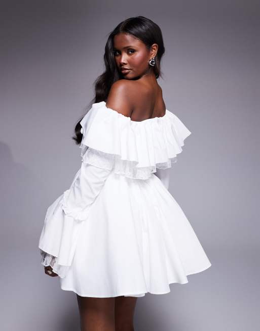 ASOS LUXE cotton poplin off-shoulder ruffle skater dress with lace in white
