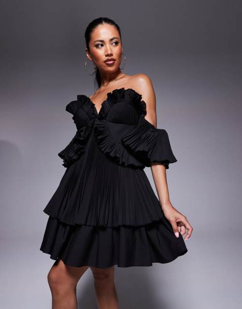 ASOS LUXE cotton poplin pleated bandeau mini skater dress in black - view 1