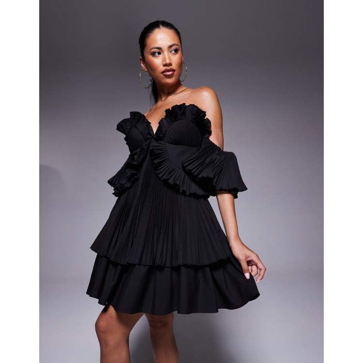 black frill detail pleated skater dress Black Frill Detail Pleated Skater Dress Dresses