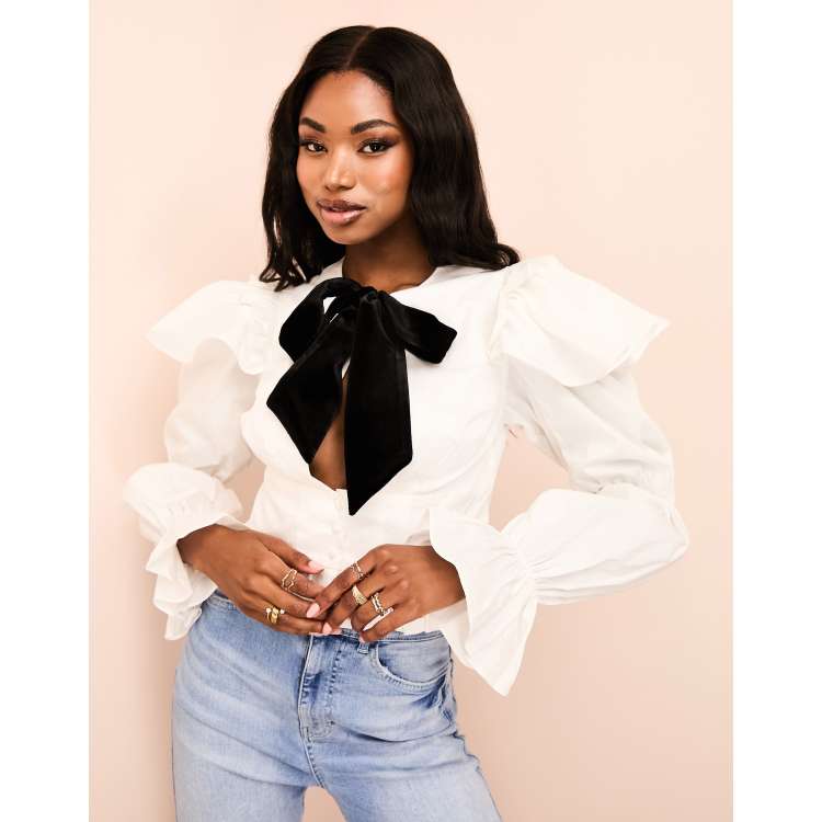 White ruffle cheap top long sleeve