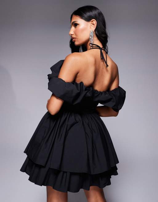 ASOS LUXE cotton poplin scrunch bandeau skater mini dress in
