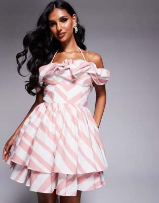 ASOS Luxe ASOS LUXE cotton poplin scrunch bandeau skater mini dress in pink stripe-Multi