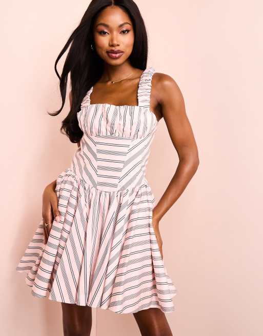 ASOS Luxe Cotton Poplin Scrunch Strap Peplum Mini Dress in Pink Stripe