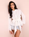 [ASOS LUXE] ASOS LUXE cotton poplin shirt with pleated peplum waist detail in white-Blue 12 White