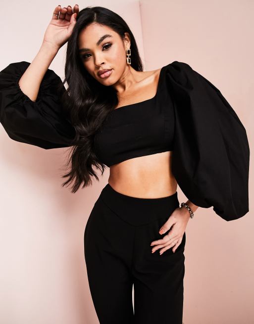 Black crop puff sleeve top new arrivals