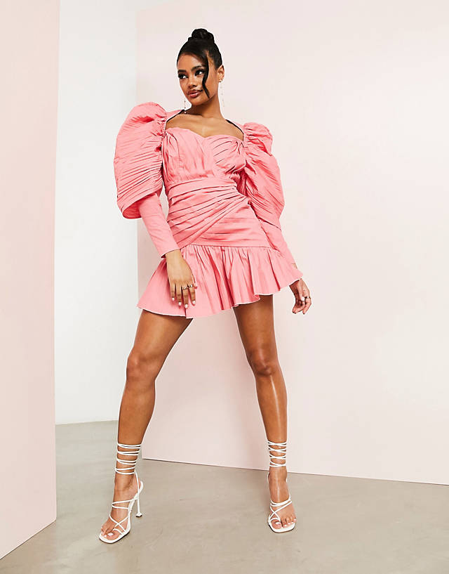 ASOS LUXE - cotton puff sleeve mini dress in peach