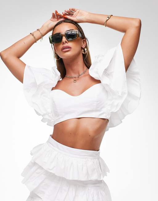 ASOS LUXE halter neck lace ruffle beach sleeve crop top in white