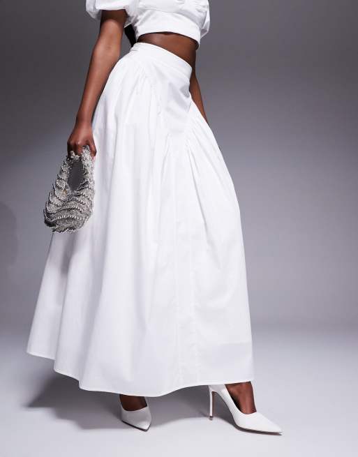 ASOS LUXE cotton sateen exaggerated maxi skirt with bow back in white - part of a set