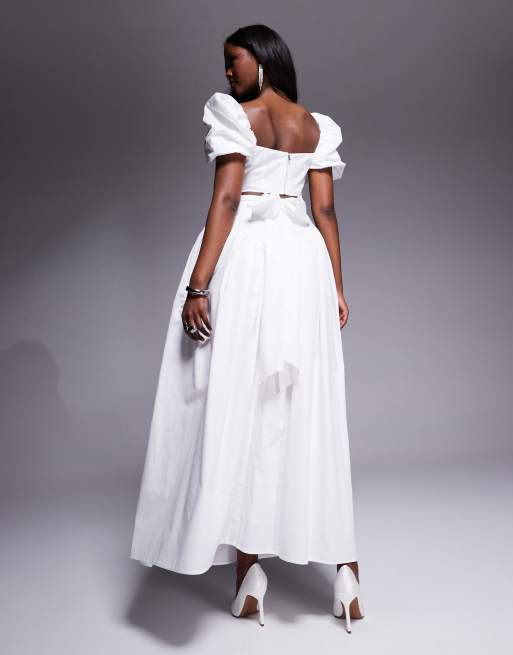 ASOS LUXE cotton sateen exaggerated maxi skirt with bow back in white - part of a set