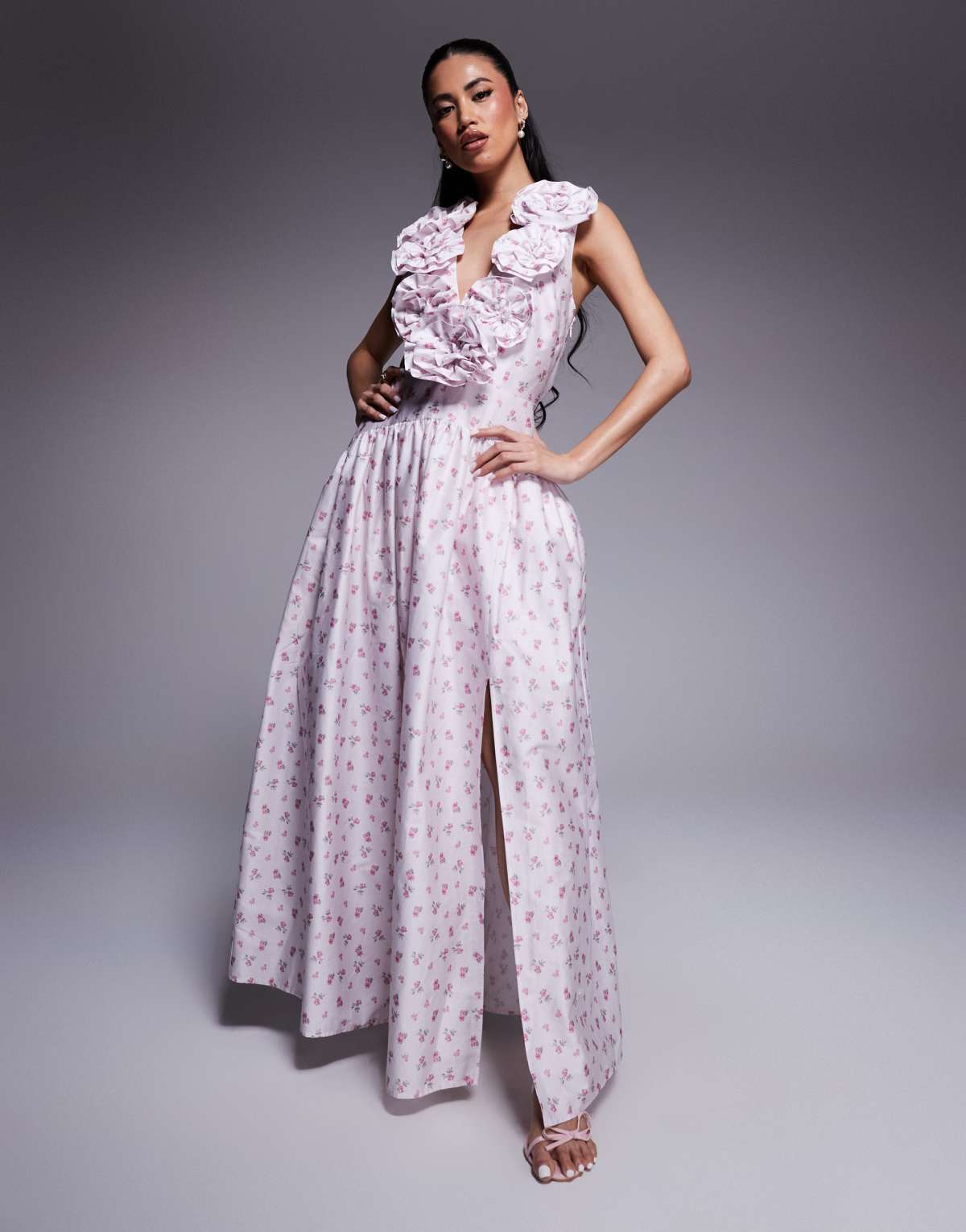 ASOS LUXE cotton sateen plunge drop waist corsage maxi dress in ditsy floral
